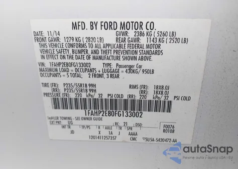 2015 Ford Taurus Sel z USA, uszkodzony, nr VIN 1FAHP2E80FG133002
